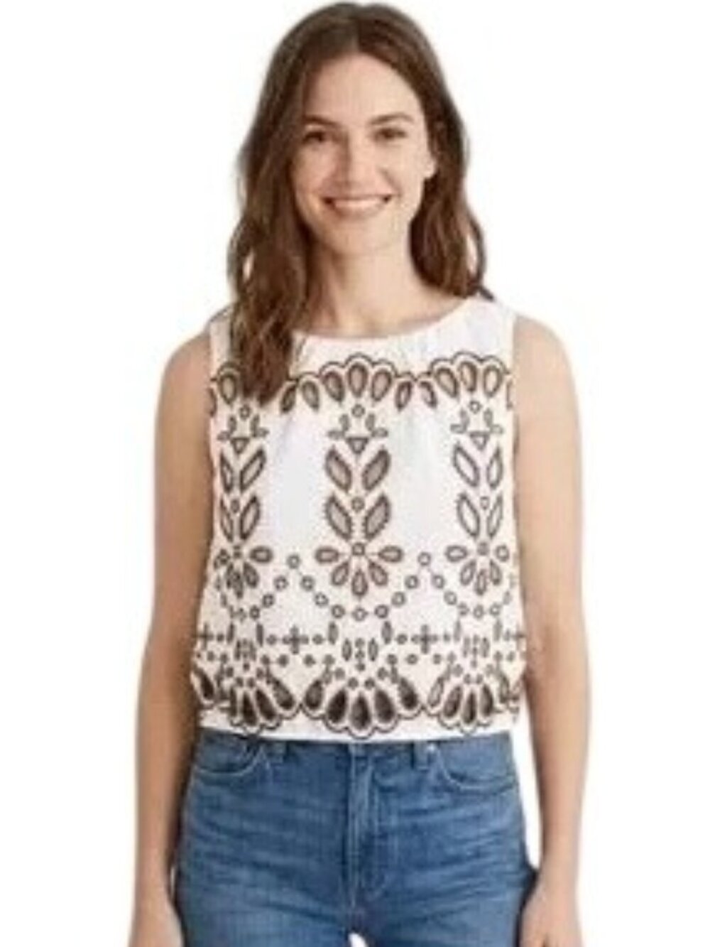 Madewell Women's Embroidered Sleeveless Bubble White Brown Size Medium NWT